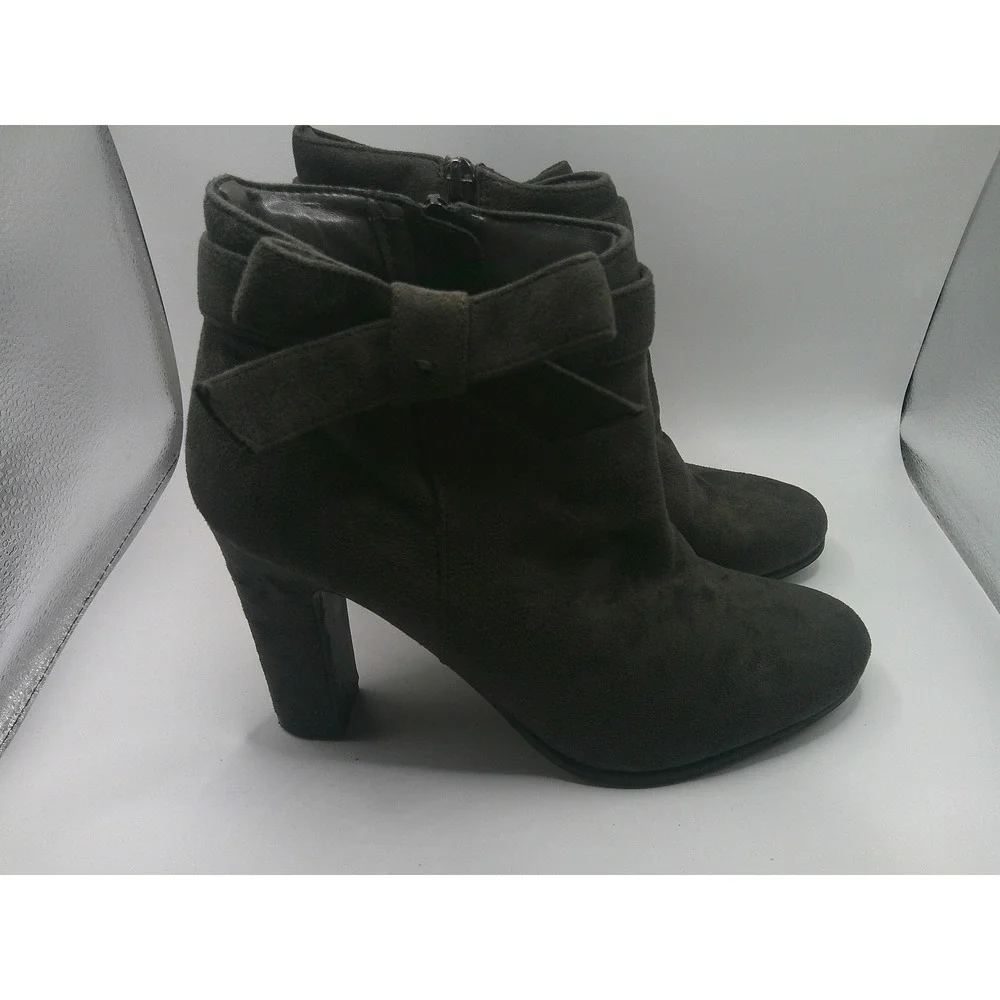 Monessa Women's Ankle Boots Charcoal Gray Faux Suede Bow Block Heel Booties 8.5M